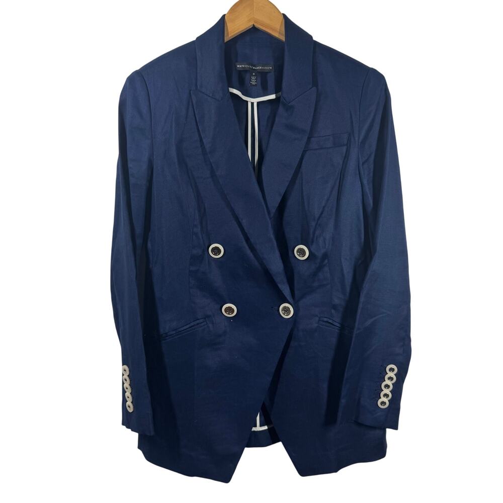 White House Black Market Linen Studio Blazer Women 0 Blue Linen Blend Nautical